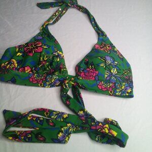 YMI Swim Bikini Top L Halter Floral Tropical Green Pink Blue